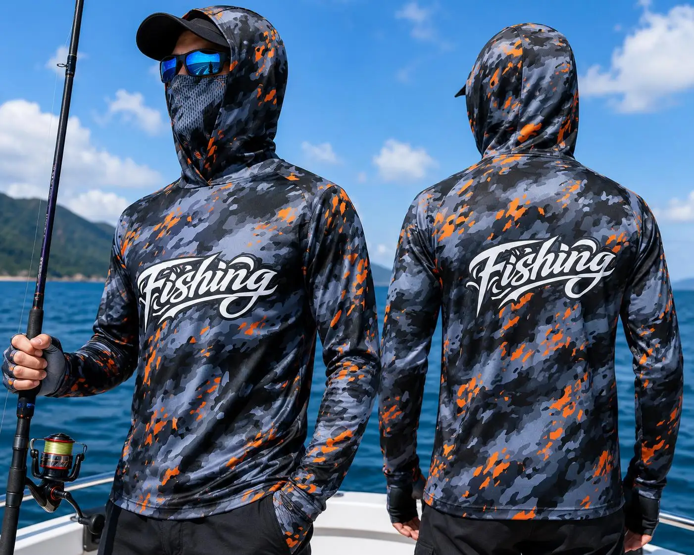 Fishing Shirt Uv Protection - メンズ用、フード付き釣りシャツ、UPF50の紫外線カット、顔を覆う機能付き、長袖、水陸両用迷彩柄、速乾性、アウトドア、ボート釣り、UVシールド。