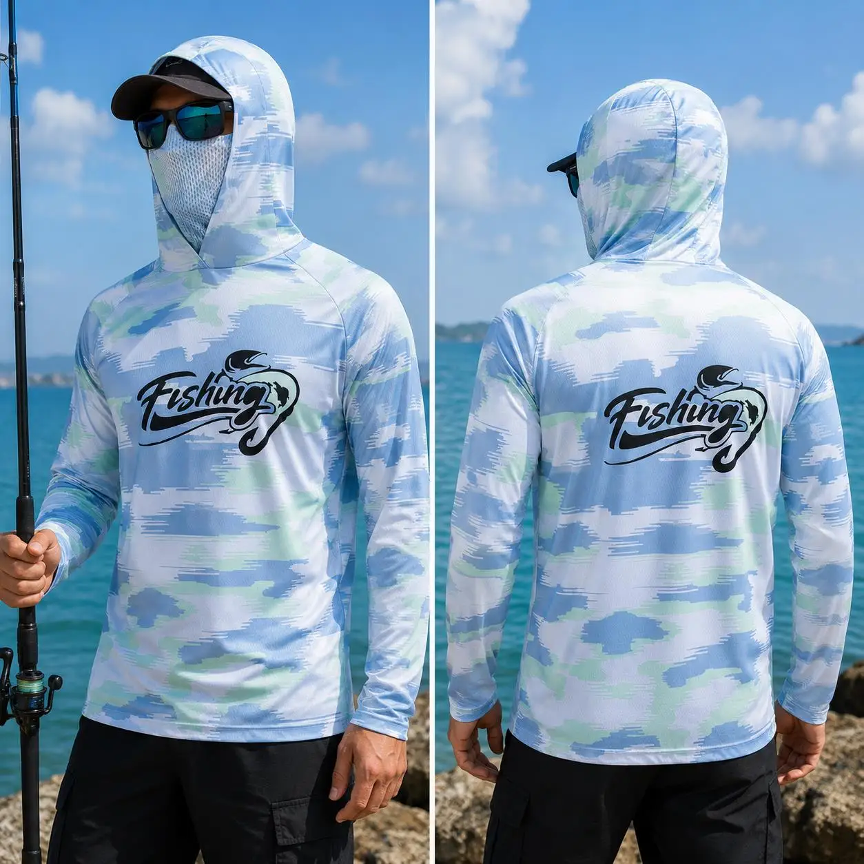 メンズ用、フード付き釣りシャツ、UPF50の紫外線カット、顔 - Fishing Shirt Uv Protection のレビューと価格