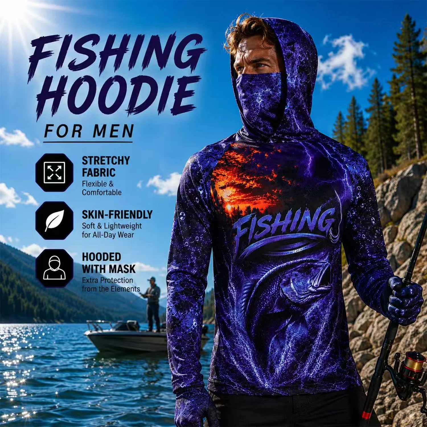 メンズ用、紫色のバス柄3Dプリントのフード付き釣り用シャツ。 - Fishing Shirt Uv Protection のレビューと価格
