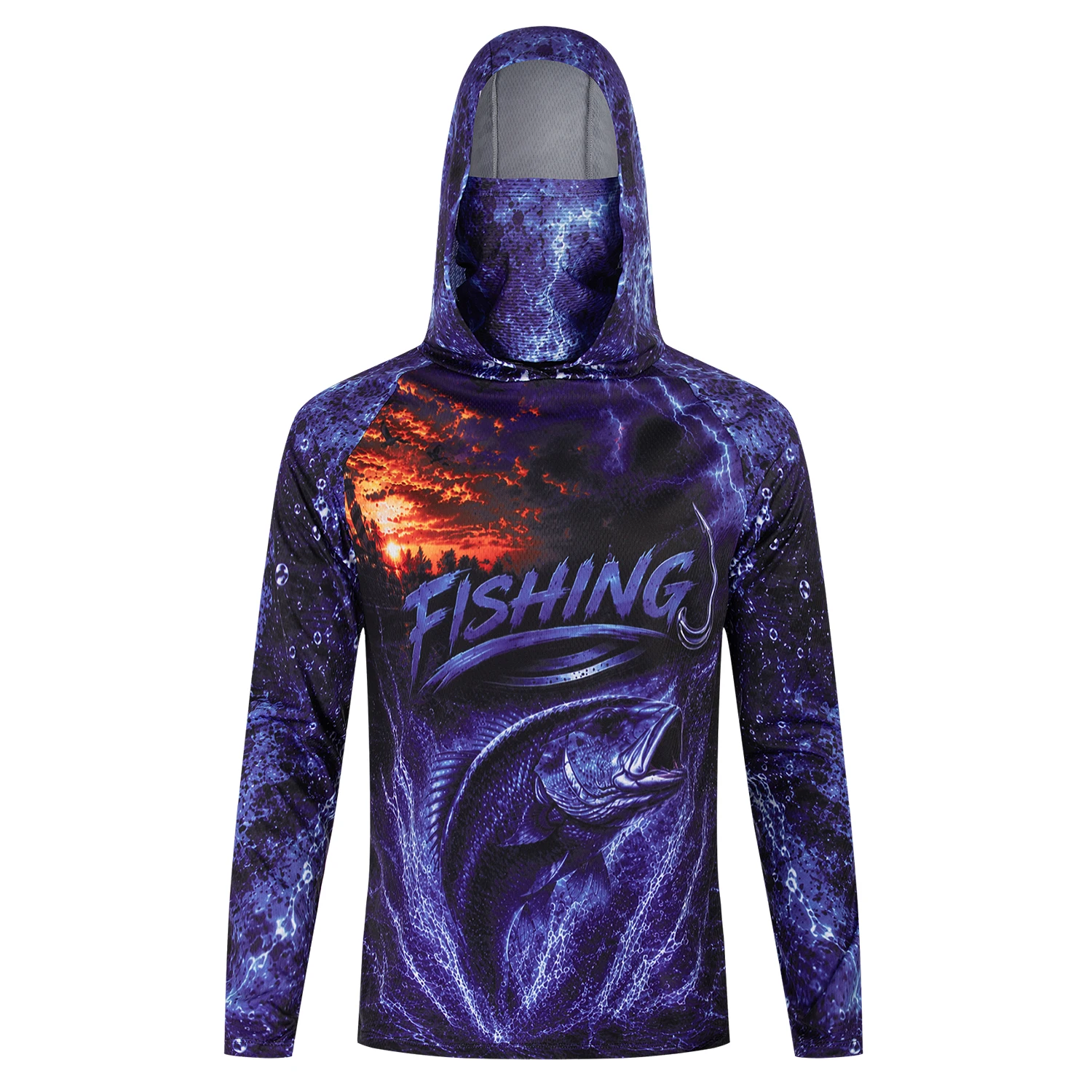 メンズ用、紫色のバス柄3Dプリントのフード付き釣り用シャツ。 - Fishing Shirt Uv Protection のレビューと価格