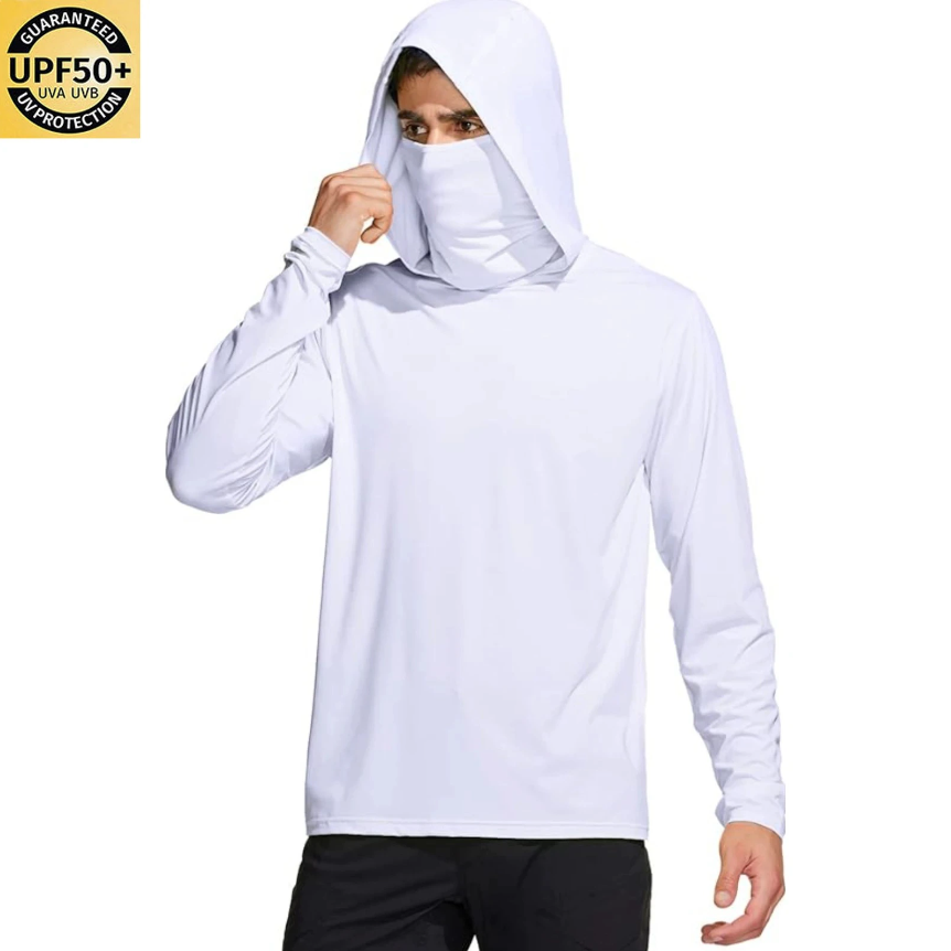 メンズ無地フード付きフィッシングシャツ、内蔵フェイスマスク、 - Fishing Shirt Uv Protection のレビューと価格
